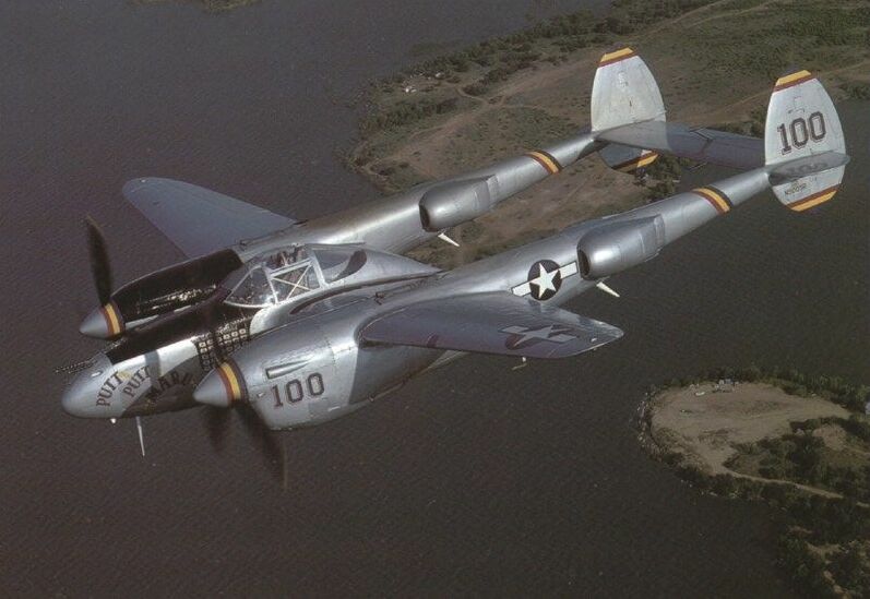 A Lockheed P-38J Lightning in flight.