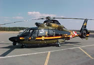 A green, black and yellow helicopter on the tarmac.