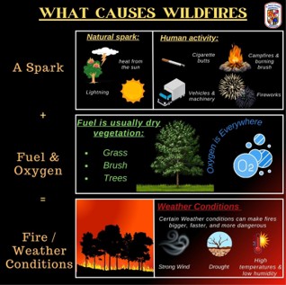 Causes of wildfires: A spark + fuel and oxygen = fire/weather conditions