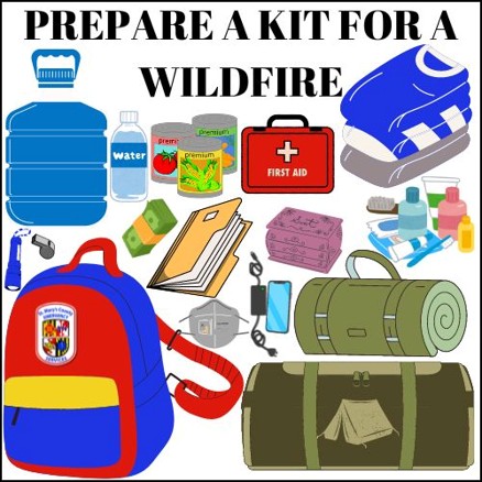 Emergency Preparedness Kit items including water, non-perishable foods and a first aid kit.
