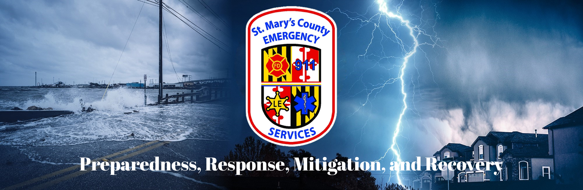 The St. Mary's County Emergency Services logo sits on top of a number of natural disasters. Text below reads 'Preparedness, Response, Mitigation, and Recovery'.