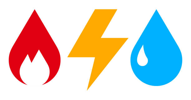Flame, lighting bolt, and water drop representing gas, electricity and water utilities.