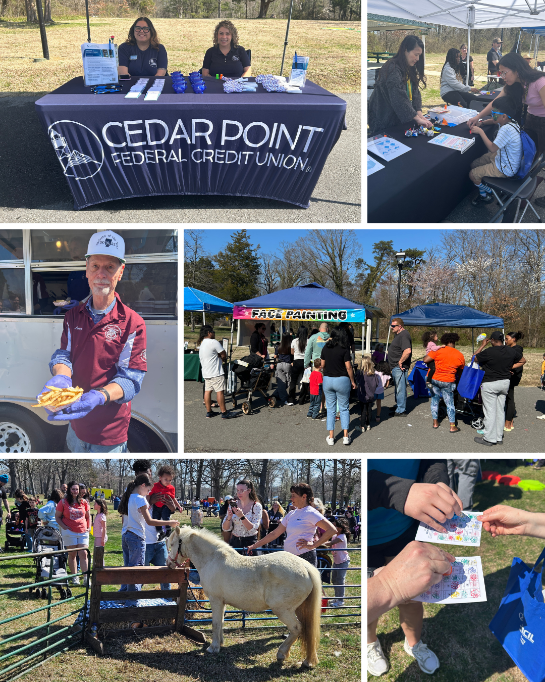 Pictures of face painting booths, petting zoo, and food trucks