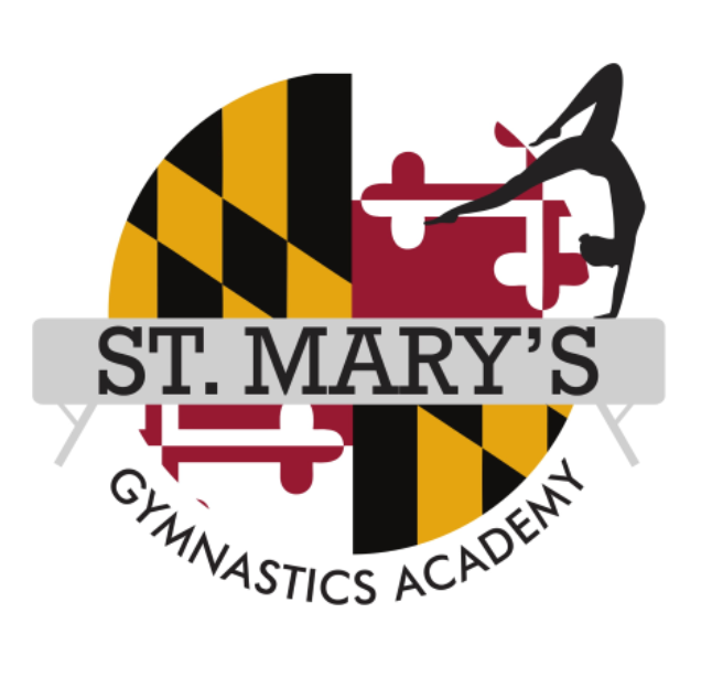St. Mary's Gymnastics Academy logo - a Maryland flag in a circle with the sillouette of a gymnist. Text reads 'St. Mary's Gymnastics Academy'.